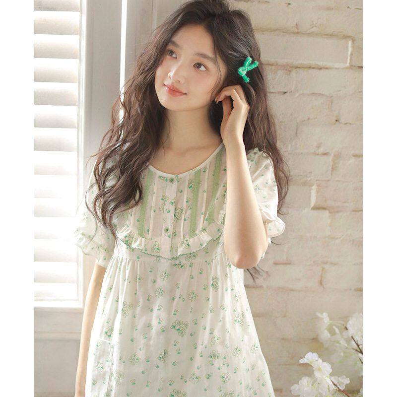 女款短袖睡裙夏季纯棉纱薄碎花睡衣裙子初高中学生女孩甜美家居裙