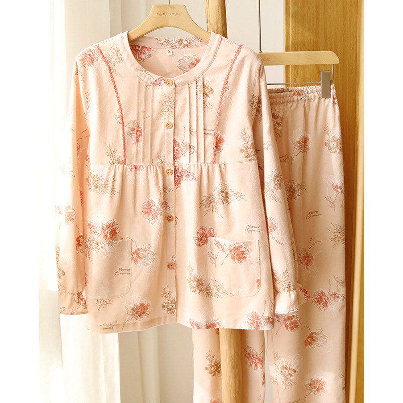 女款纯棉磨毛家居服开衫圆领睡衣春秋冬室内套装青年学生女孩睡觉