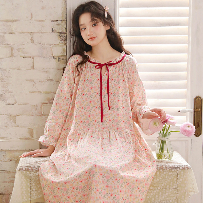 春夏薄款纯棉纱布碎花睡裙女款宽松长袖家居裙子长款睡衣裙双层纱