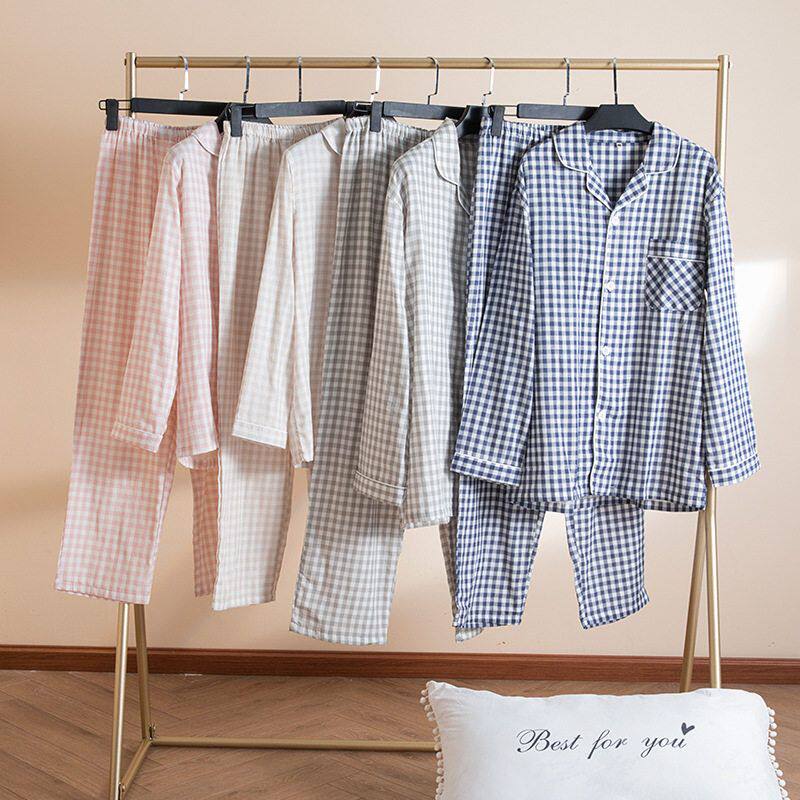 男款女款纯棉纱布短袖长袖长裤格子睡衣春夏家居服室内套装双层纱