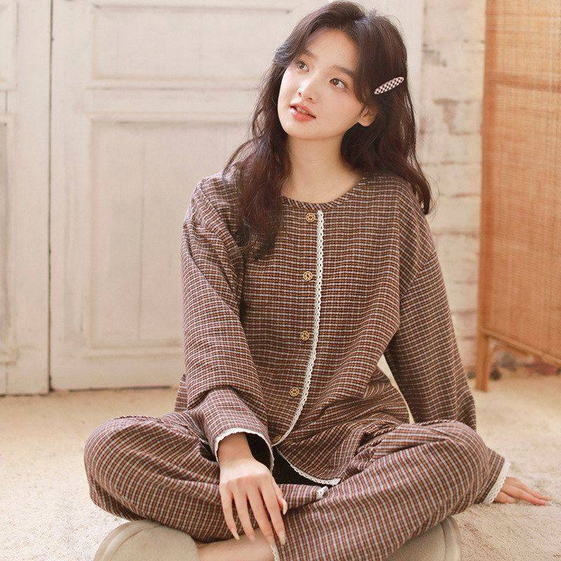 女款纯棉磨毛绒布睡衣睡裤开衫圆领家居服春秋冬室内小格子套装