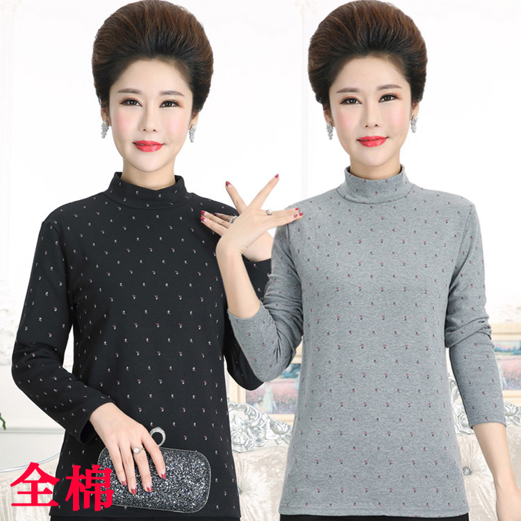 中老年女士全棉T恤上衣春秋季新款半高领印花长袖妈妈女装打底衫