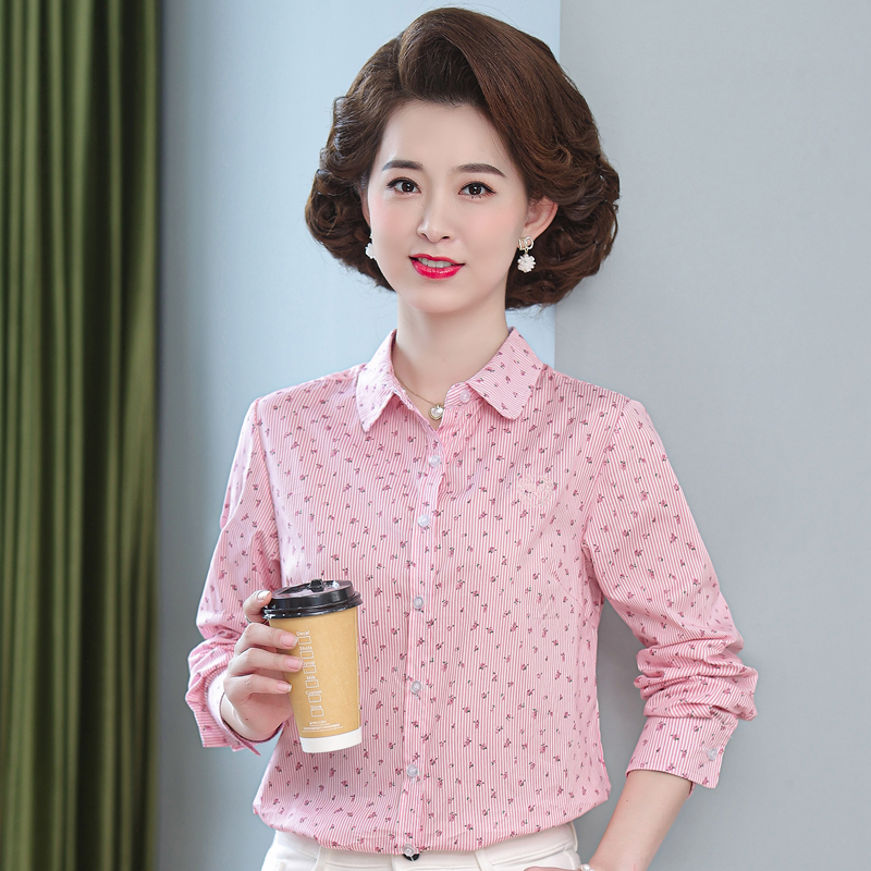 2025妈妈春装纯棉衬衫女新款中老年长袖印花上衣翻领春秋休闲衬衣
