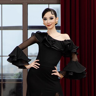 丹珍秋冬新款交谊舞双人舞国标女士摩登舞上衣跳舞飘纱练功服H95