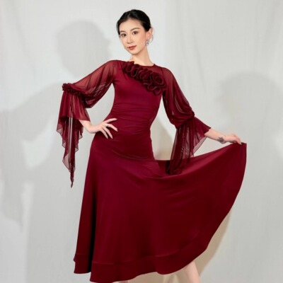 丹珍国标连衣裙25年新款女交谊舞摩登表演舞跳舞网纱大摆裙M69