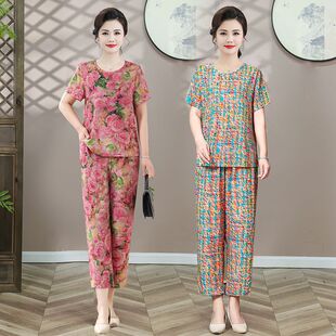 宽松洋气中老年女装 中年妈妈夏装 女大码 套装 两件套 印花短袖