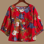 棉麻T恤七分袖 宽松大码 百搭上衣女碎花圆领印花灯笼袖 春秋款 小衫