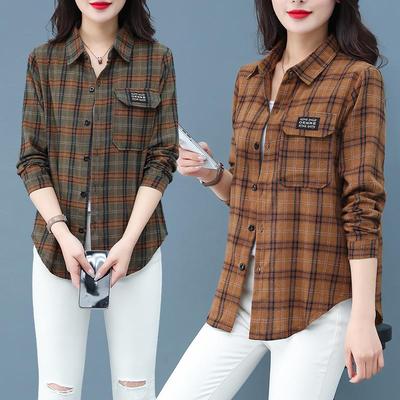 衬衫女春秋新款长袖纯棉格子休闲宽松大码夏季薄款全棉衬衣上衣女