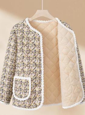 羊驼绒小香风花棉袄加绒外套妈妈女装秋冬2024新款保暖加厚棉衣服