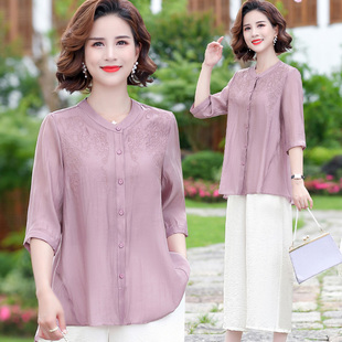 中老年女装 T恤两件套2022新款 时尚 衬衫 中年妈妈夏装 上衣套装 短袖