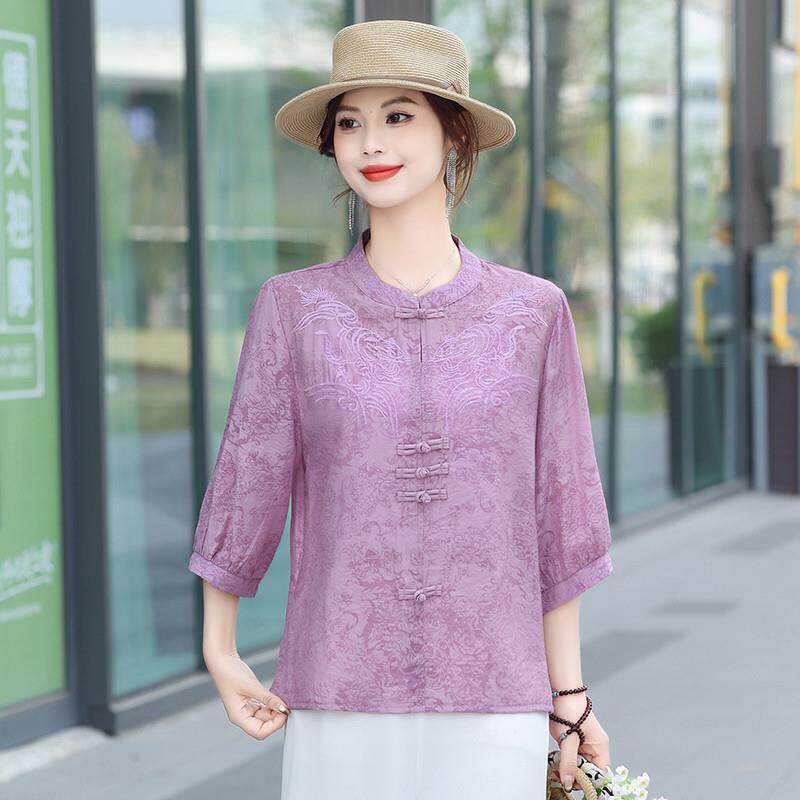2025年夏季新款五分袖麻料T恤套头衬衫中国风苎麻刺绣盘扣上衣女