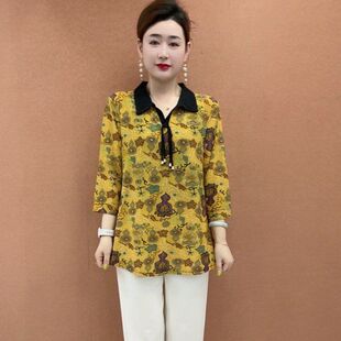 宽松加大码 印花显瘦七分袖 衬衫 新款 上衣 领T恤女春季 中老年妈妈装