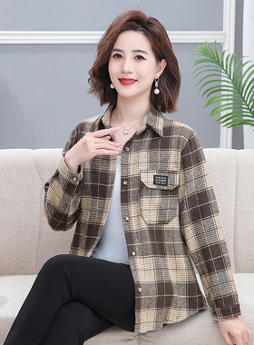 女装夏季减龄宽松全棉上衣春秋磨毛衬衫妈妈外套休闲格子毛呢衬衫