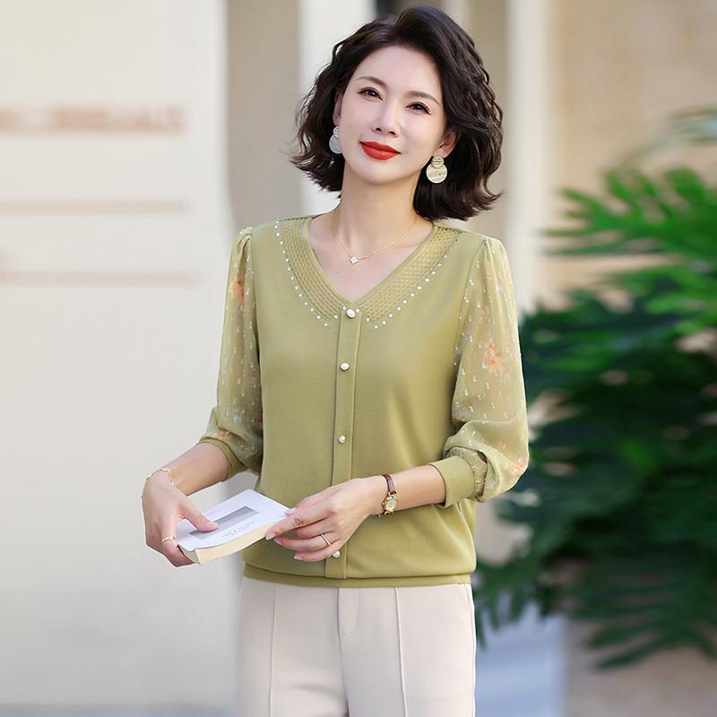 中年女装洋气打底衫中老年时尚春秋上衣妈妈秋装长袖T恤纱袖小衫