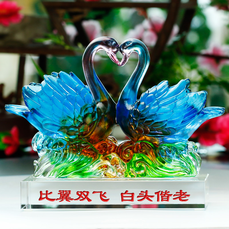 琉璃玻璃水晶天鹅摆件一对工艺品