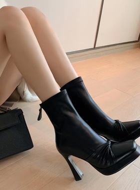 欧美黑色弹力瘦瘦靴女新款超高跟粗跟后拉链防水台方头短靴蝴蝶结