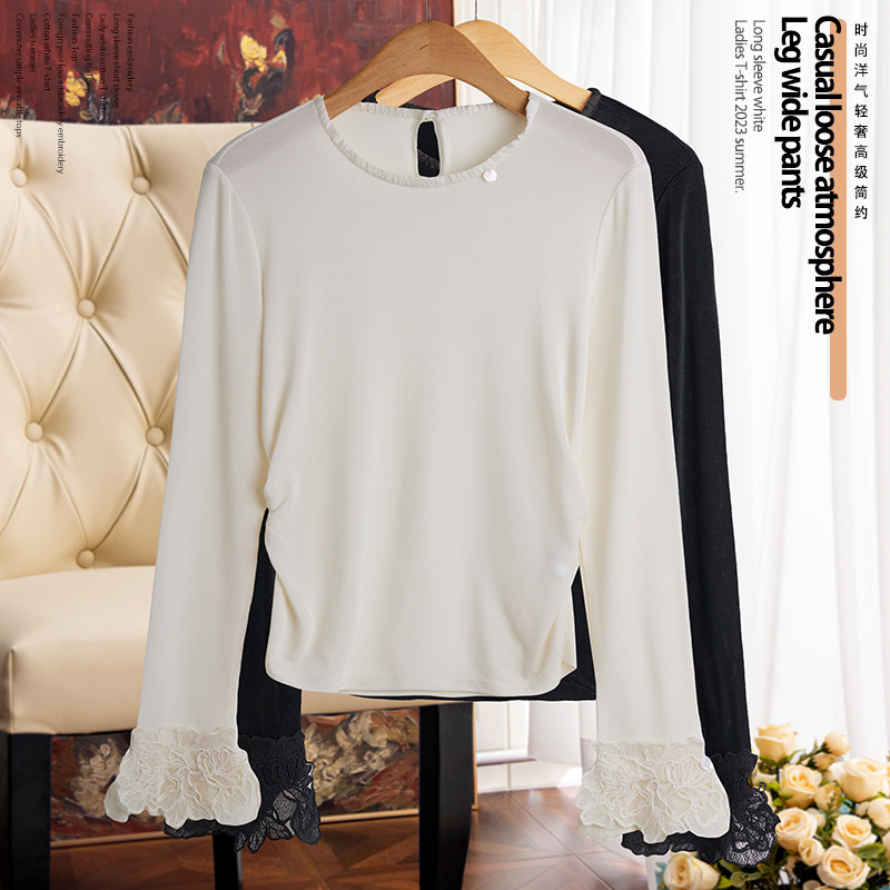 断码清仓特价！高弹力袖口绣花醋酸针织打底衫女2025春秋显瘦上衣
