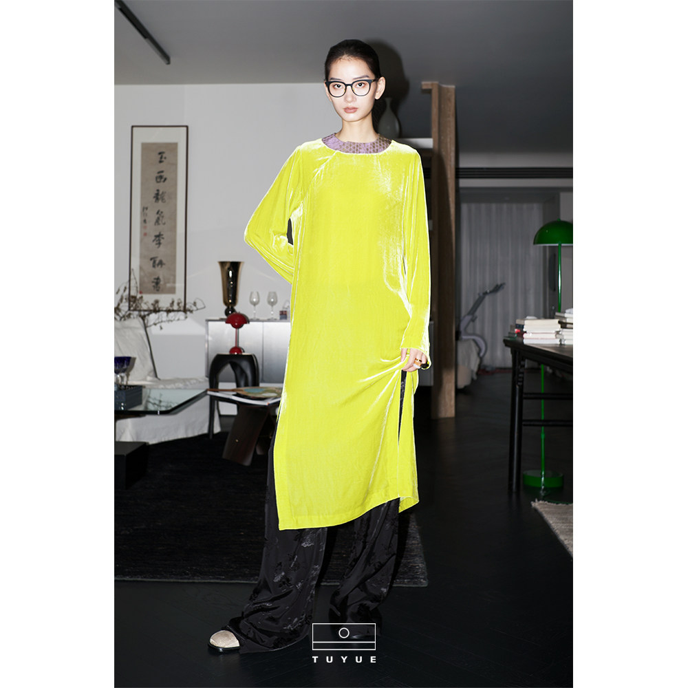 TUYUE涂月 新中式 柳黄色缎面织花×真丝丝绒 H型开叉连衣裙,女装/女士精品,连衣裙,淘宝优惠券,粉丝福利购,淘宝优惠卷