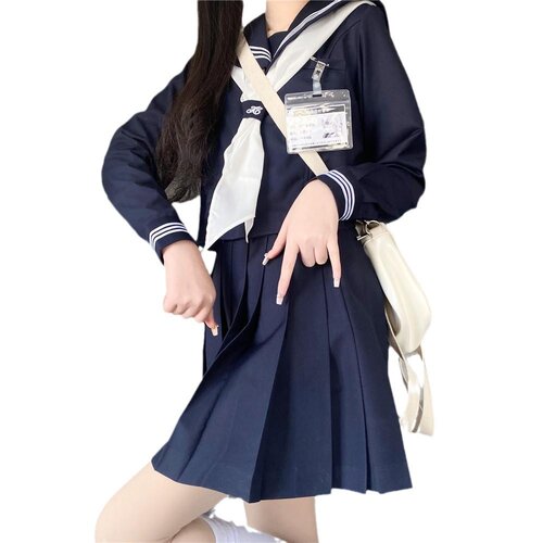 绀三本水手服加大码jk制服胖MM款百褶裙学院风校供中间水手服套装