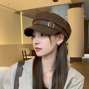 贝雷帽子女春秋百搭2023爆款显脸小复古皮檐鸭舌八角帽冬季大头围