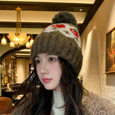 费尔岛风复古毛球毛线帽女秋冬可爱防寒保暖登山护耳针织帽护耳