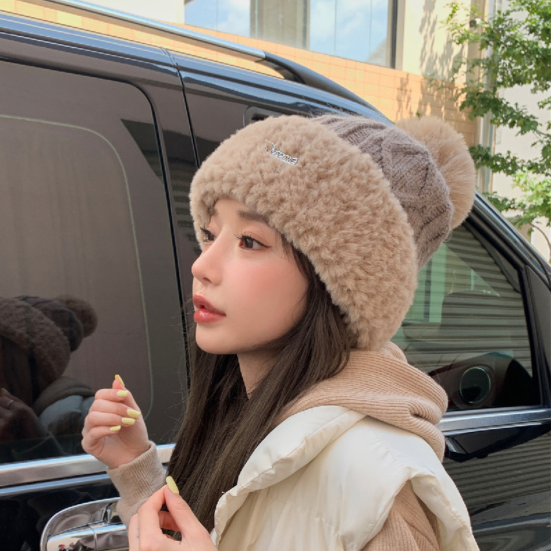 毛线帽女冬季加厚针织帽保暖东北保暖帽百搭大头围护耳毛毛球帽子
