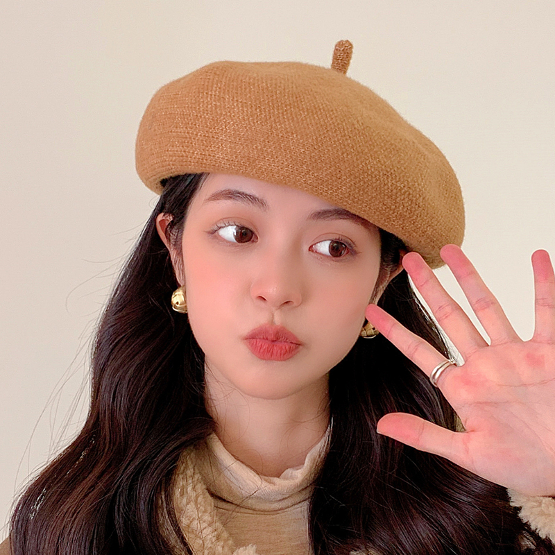 贝雷帽女春秋韩版日系百搭纯色棉麻针织文艺画家帽南瓜帽蓓蕾帽子