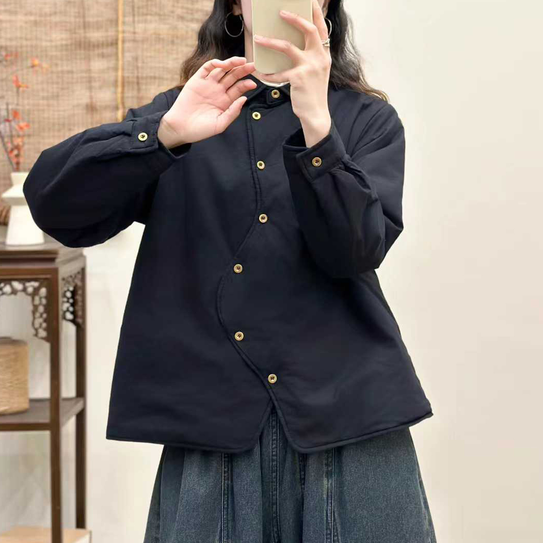 秋冬夹棉加厚纯色小棉衣女加厚不规则门襟纽扣衬衫保暖衬衣设计感