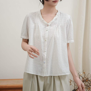 女夏季 宽松显瘦白色提花上衣百搭花边领衬衣 衬衫 温柔风V领泡泡袖