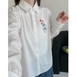 纯棉百搭减龄防晒衬衣春夏季 薄外套 女长袖 学院风刺绣花朵白衬衫