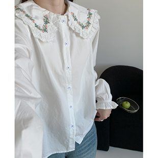 甜美学院娃娃领刺绣衬衫 蕾丝花边减龄白衬衫 叠穿娃娃衫 衬衣 女长袖
