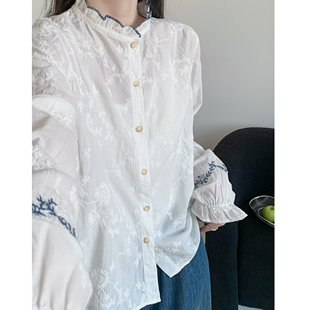 宽松减龄百搭提花衬衣防晒衫 女纯棉灯笼袖 气质刺绣花边立领白衬衫