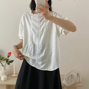 日系波点蕾丝衬衫 百搭显瘦小清新文艺上衣后背纽扣圆点衬衣 女短袖