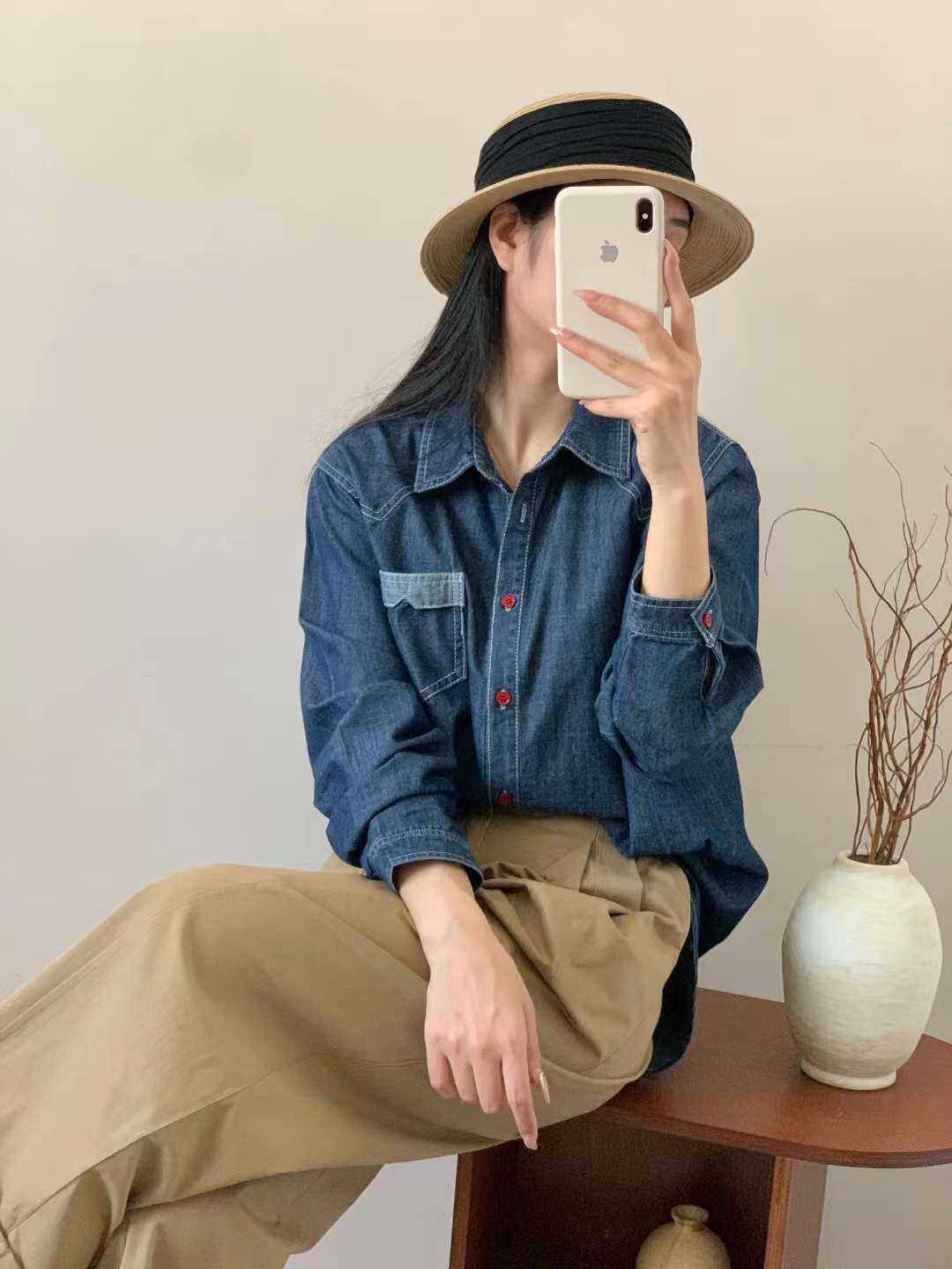 设计感女撞色韩版宽松小个子长袖牛仔衬衫女休闲上衣外套干练打底