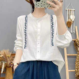 日系文艺风刺绣衬衫 花边领双层棉纱衬衣春季 新款 防晒薄外套 女长袖
