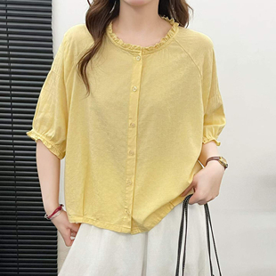 日系木耳边泡泡袖 夏季 薄款 宽松显瘦高级感上衣提花小清新衬衣 衬衫