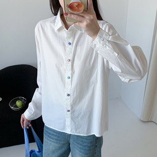 学院白色长袖 女宽松百搭彩色纽扣翻领减龄上衣简约学院风衬衣 衬衫
