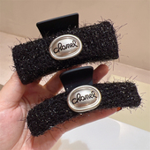 23春夏新款 高级感韩版 小香风黑色粗呢亮丝方形大号抓夹气质盘发夹