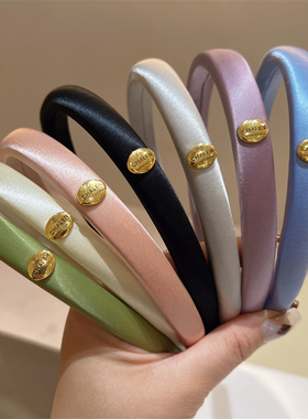 纯色春夏新款布艺细发箍光泽缎面金标细头箍绿色蓝色百搭气质发卡