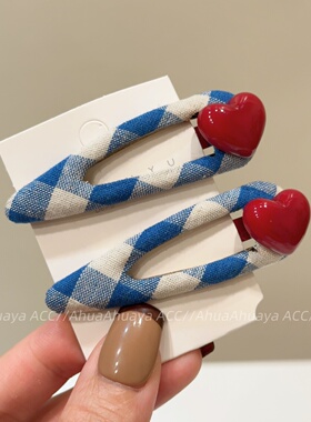 AhuaAhuaya韩系缪风蓝白格纹撞色红色爱心水滴BB夹甜美少女心发夹
