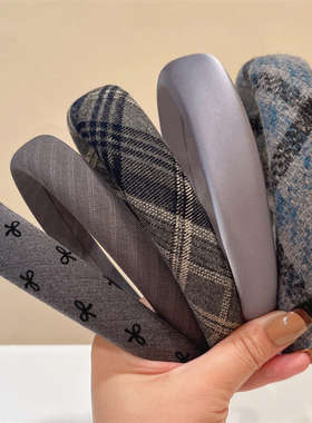 2025秋冬新款时尚灰色系毛呢格纹海绵发箍韩版气质蝴蝶结印花头箍