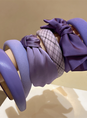 高级感薰衣草紫色系列纯色蝴蝶结光泽感发卡PU皮质海绵高颅顶发箍