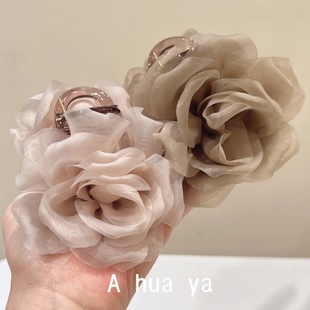 春夏新款 气质优雅森系盘发鲨鱼夹 甜美超仙雪纺纱咖色花朵抓夹韩版