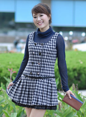 卡伊奴专柜正品P243012经典黑白格淑女时尚背心连身裙百褶裙899特