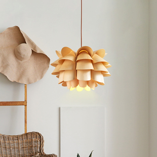 木艺花朵吊灯侘寂风日式 饰灯具 复古餐厅卧室床头灯民宿商用橱窗装