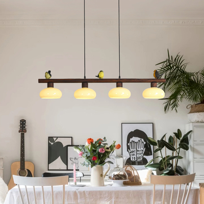 中古风餐厅长条一字吊灯实木小鸟