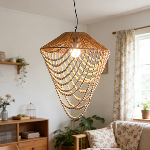 手工木珠吊灯创意麻绳流苏复古波西米亚民宿客厅餐厅服装 饰灯 店装