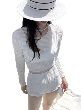 定制2026性感修身高档涤纶高腰遮肚长袖保守分体泳衣女水色调9207
