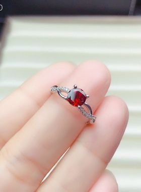 纯银天然鸽血红石榴石戒指ins潮