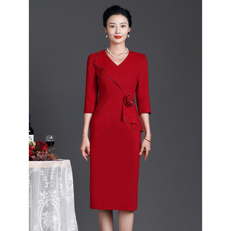 AULX新款改良旗袍妈妈装时尚修身连红色喜婆婆套裙显瘦高档连衣裙